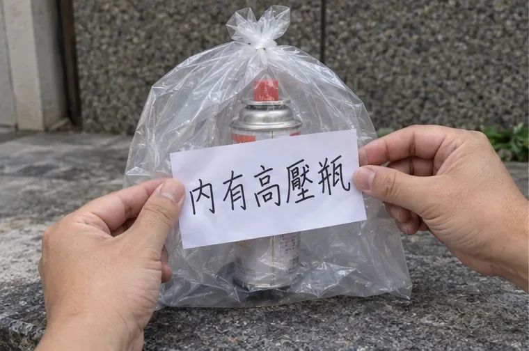 透明袋中的卡式瓦斯罐外面附有「內有高壓瓶」警語