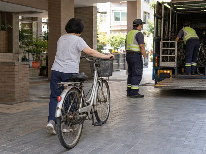 住戶將腳踏車推至住家一樓的清運位置，等待依約定方式交付