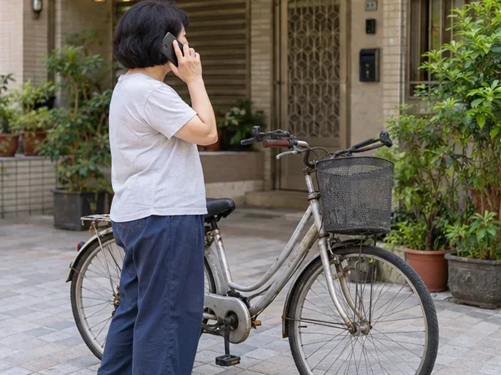 住戶在家門口用手機聯絡清潔隊，旁邊停放待處理的腳踏車