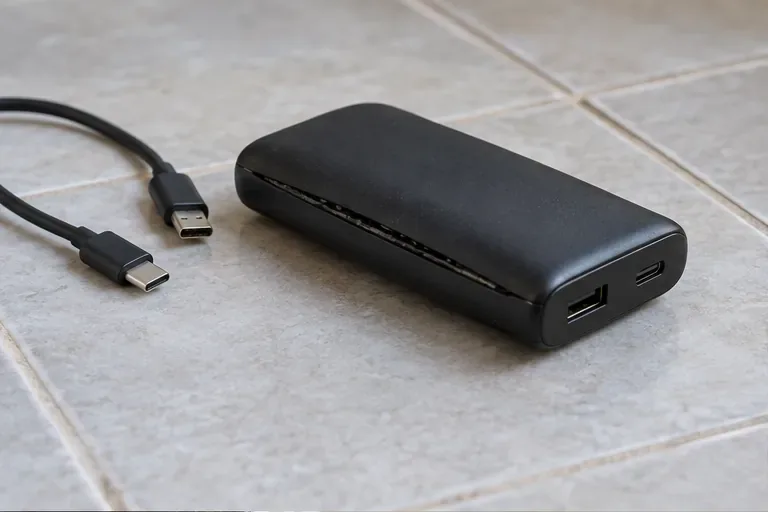 黑色行動電源外殼接縫浮起，旁邊的充電線已拔開，物品放在磁磚上。