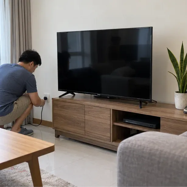 住家客廳中，一名成人拔除關閉電源的平面電視插頭，準備回收