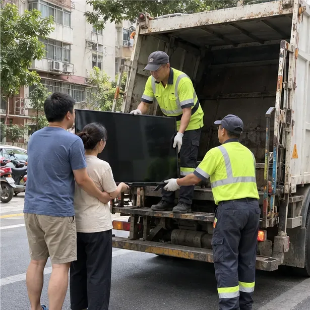 住戶將完整電視交給穿反光背心的收運人員，旁邊停有清運車