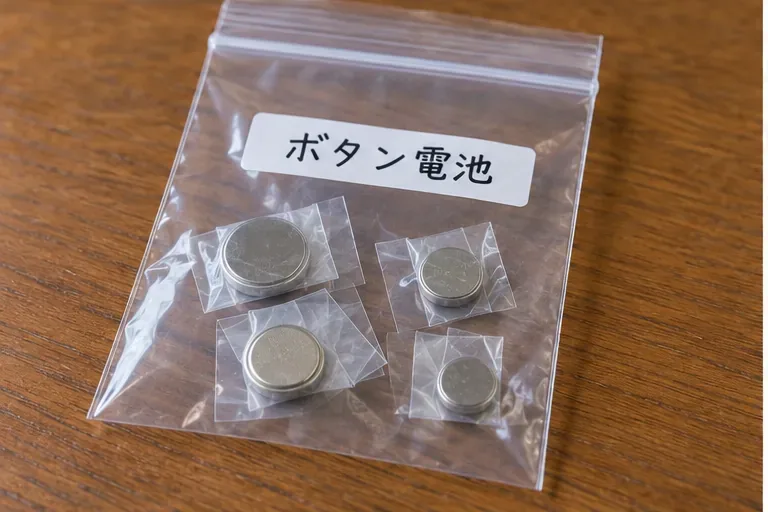 絶縁した複数の小型丸形電池を透明な袋に分けて入れた様子