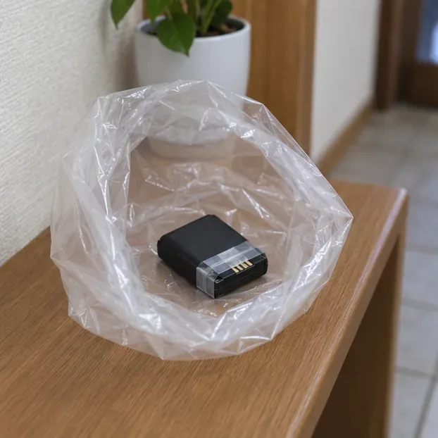 端子をテープで絶縁した黒い小型充電式電池を透明ごみ袋に単独で入れた状態