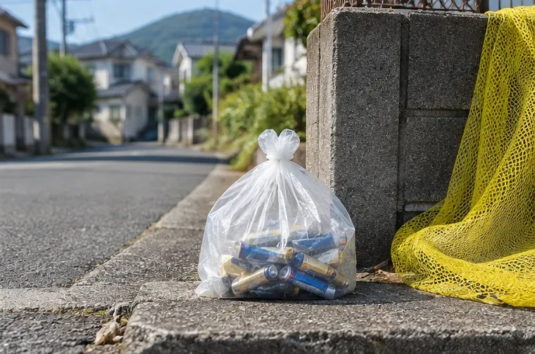 透明袋に入れた乾電池を住宅地のごみ収集場所付近に置いた様子
