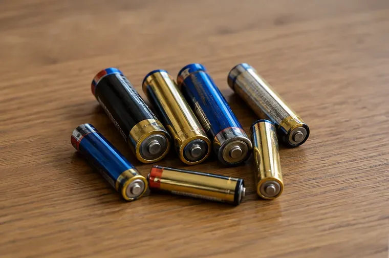 木のテーブル上に並べた使用済みの単3形・単4形乾電池