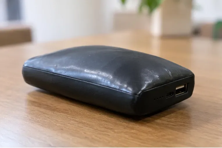 木製の机の上で外装が大きく膨らんだ黒いモバイルバッテリー