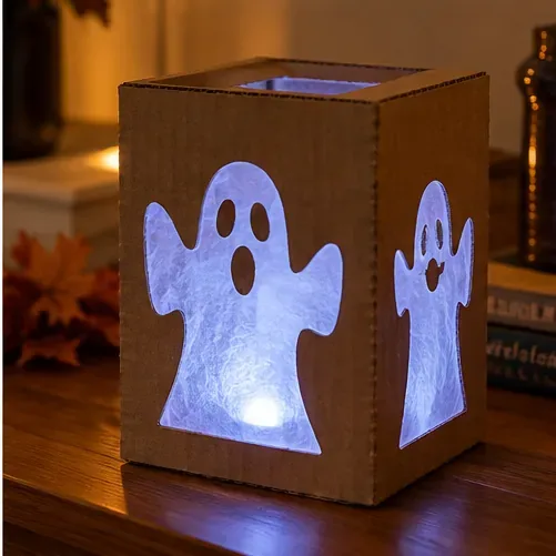 Lanterna cubica di cartone con due finestre traslucide a forma di fantasma che emanano una luce bianca fredda.