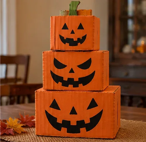 Tre scatole di cartone arancione impilate con facce di zucca nere e uno stelo verde