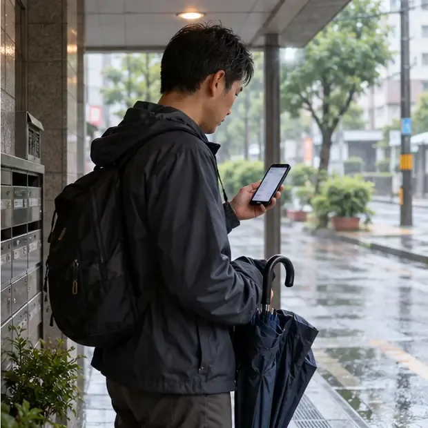 通勤者在有遮雨棚的入口查看手機，手邊拿著雨傘，外面地面仍潮濕