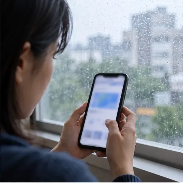 一名居民在下雨的窗邊用手機查看公告，手機畫面沒有可辨識的文字