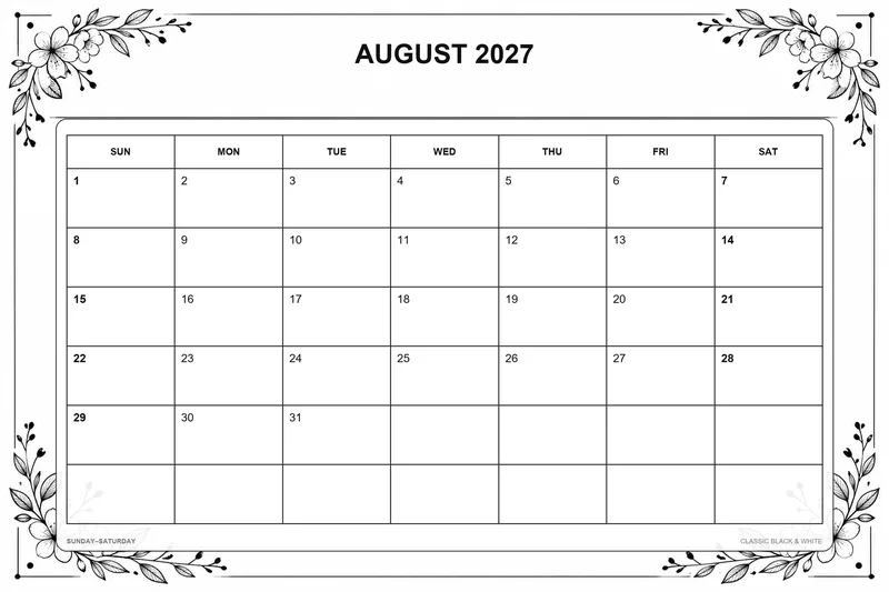 2027년 8월 인쇄용 달력 15종: PNG 템플릿 다운로드