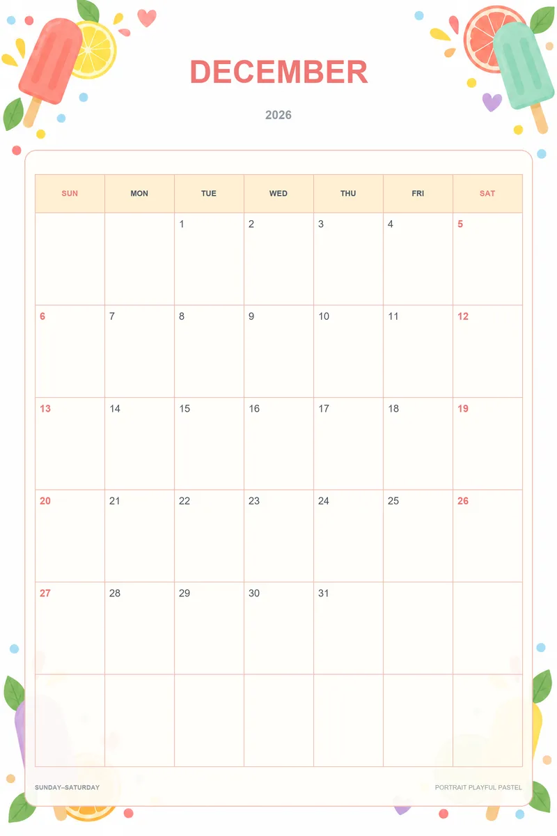 2026년 12월 인쇄용 달력 15종: PNG 템플릿 다운로드