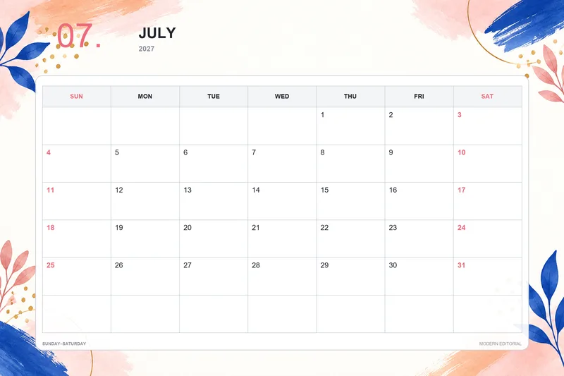 2027년 7월 인쇄용 달력 15종: PNG 템플릿 다운로드