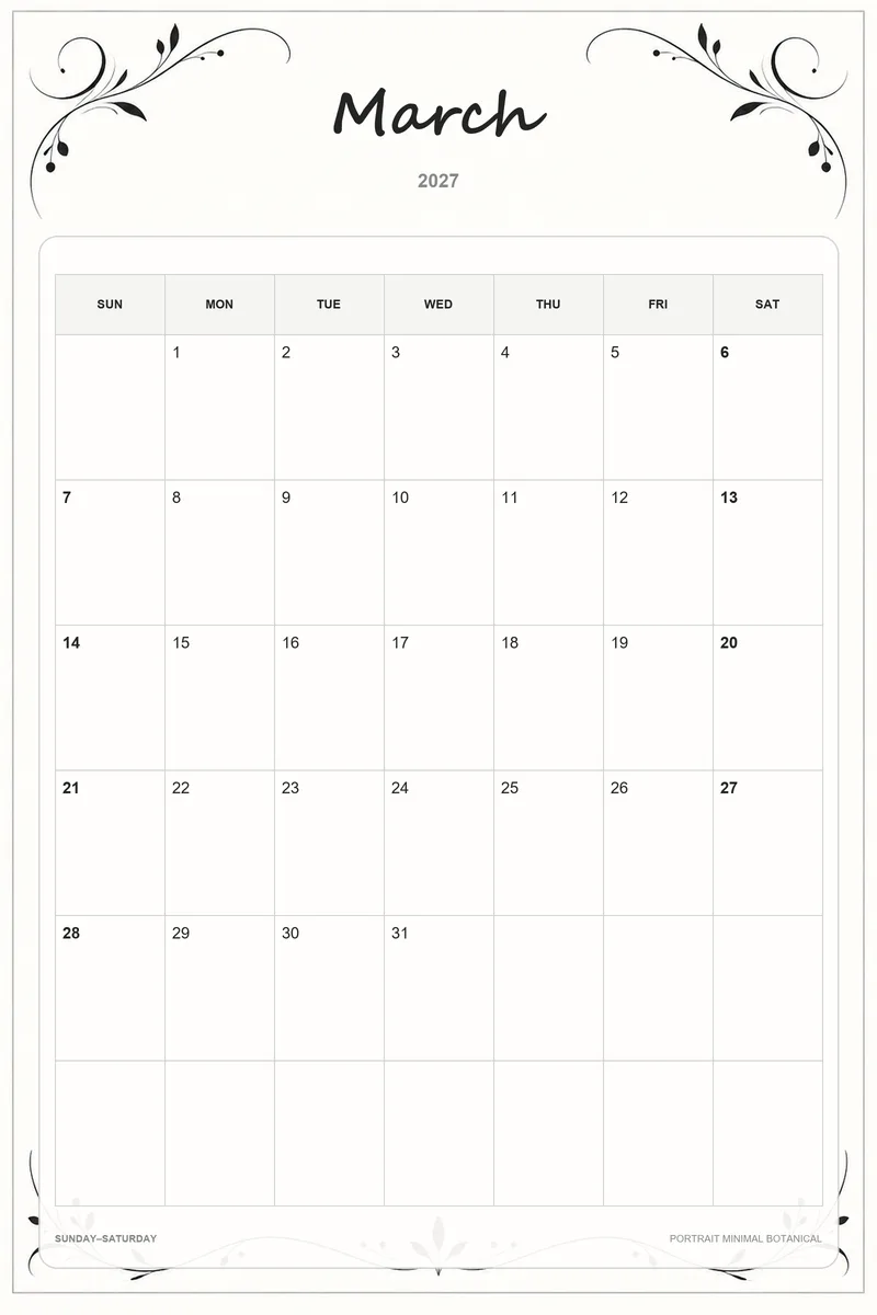15 Printable March 2027 Calendar Templates (PNG Downloads)