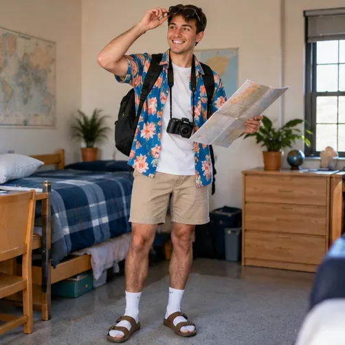 Un étudiant vêtu d'un t-shirt tropical coloré et d'un short, portant une carte pliée et un appareil photo dans sa chambre de résidence universitaire.