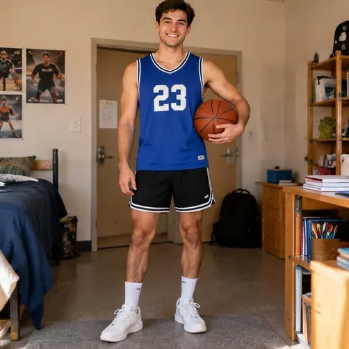 Un étudiant portant un maillot de basket-ball bleu, un short de sport foncé et des baskets, tenant un ballon de basket-ball.