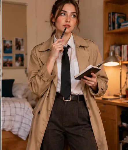 Un étudiant en trench-coat beige, chemise blanche et cravate foncée prend des notes dans sa chambre de résidence universitaire.