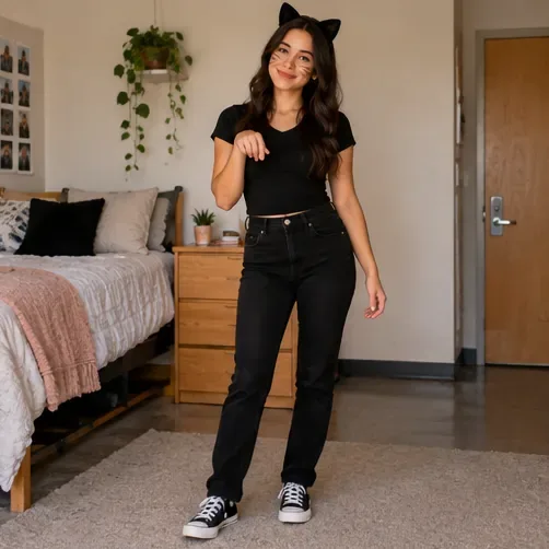 Une étudiante portant un t-shirt noir, un jean noir, des baskets et des petites oreilles de chat noires dans sa chambre de résidence universitaire.