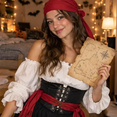 Une étudiante portant un foulard rouge, un chemisier blanc cassé et une ceinture foncée, tenant une carte au trésor en papier.