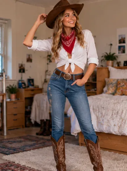 Un étudiant portant un jean, une chemise blanche nouée, un bandana rouge, un chapeau marron et des bottes dans une chambre de dortoir.