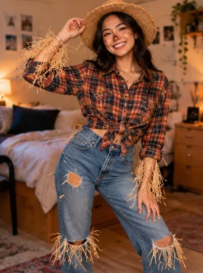 Un étudiant en chemise à carreaux, jean et chapeau de paille avec des accents rustiques imitant la paille, dans une chambre de résidence universitaire.
