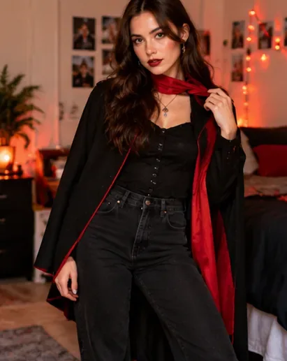 Une étudiante vêtue de noir et portant une écharpe rouge drapée, dans une chambre d'étudiant décorée de lumières chaudes.
