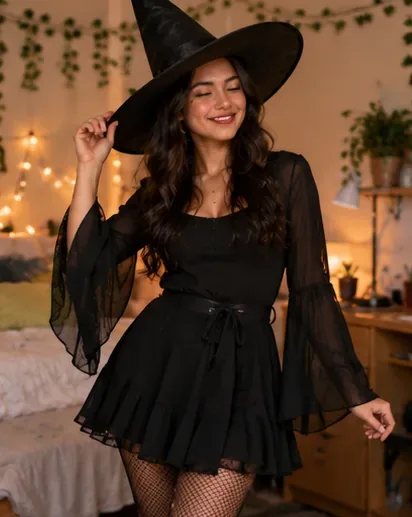 Une étudiante vêtue d'une robe noire, de collants foncés et d'un grand chapeau pointu de sorcière, dans une chambre de dortoir faiblement éclairée.