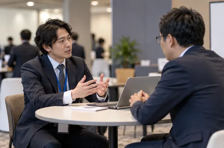 두 기업 관계자가 작은 테이블에 마주 앉아 업무 상담을 하는 모습
