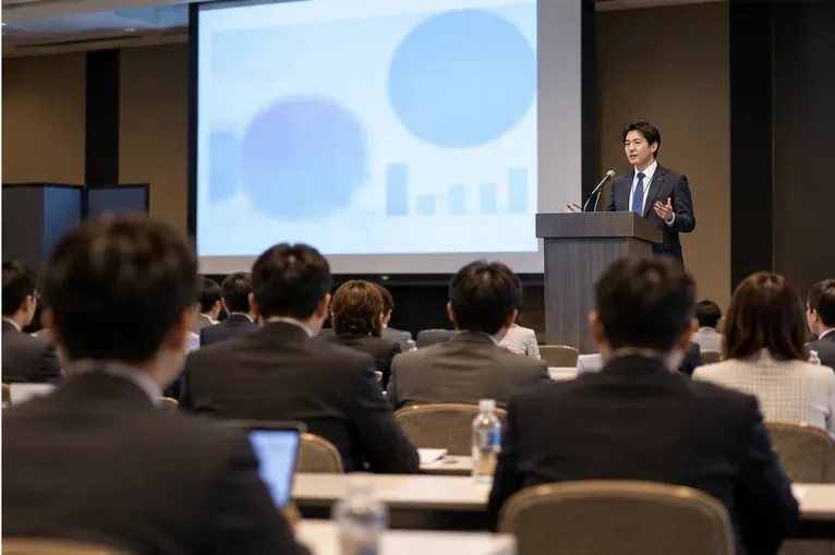 연사가 스크린 앞에서 발표하고 참석자들이 객석에서 듣는 모습