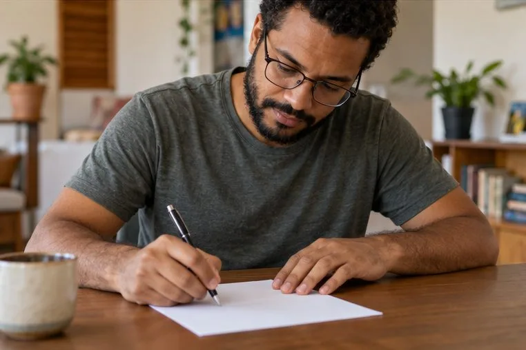 Eleitor escreve uma anotação em papel com uma caneta, sem usar o celular.