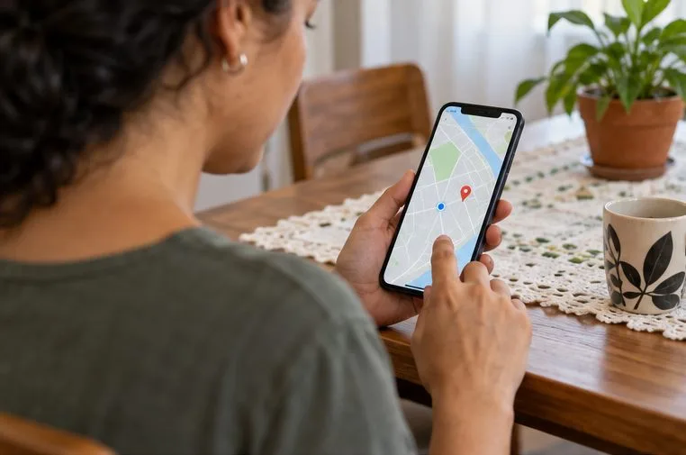 Eleitora consulta um mapa no celular em uma mesa de casa para conferir o trajeto ao local de votação.