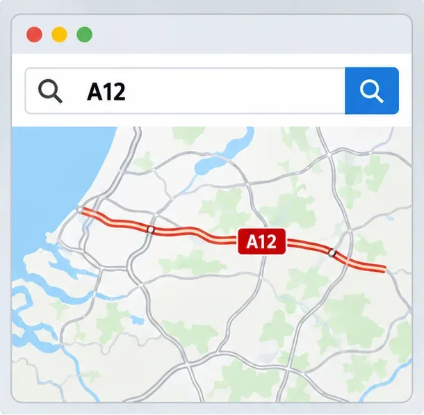 Schematische kaartweergave met de A12 gemarkeerd; er staan geen actuele files of incidenten op deze afbeelding.