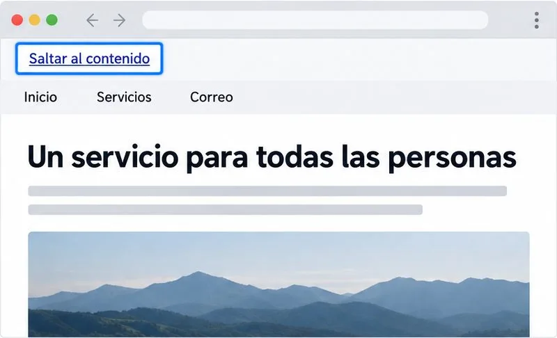 Página web en un navegador con el enlace «Saltar al contenido» resaltado por un contorno azul antes del menú de navegación.