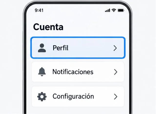 Pantalla de una app móvil con las opciones Perfil, Notificaciones y Configuración; Perfil aparece rodeado por un contorno azul de foco.