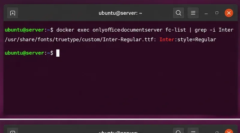 Terminalanzeige eines docker exec fc-list-Befehls, der nach der im Verzeichnis für benutzerdefinierte Schriftarten installierten Schriftart Inter sucht.