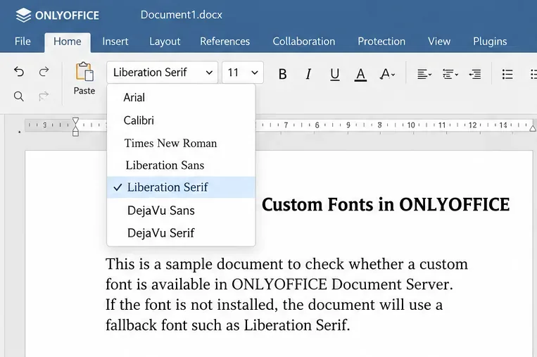 ONLYOFFICE-Dokumenteditor mit einem Dropdown-Menü für Schriftarten, in dem die installierten Schriftarten und ein Beispieldokument angezeigt werden.