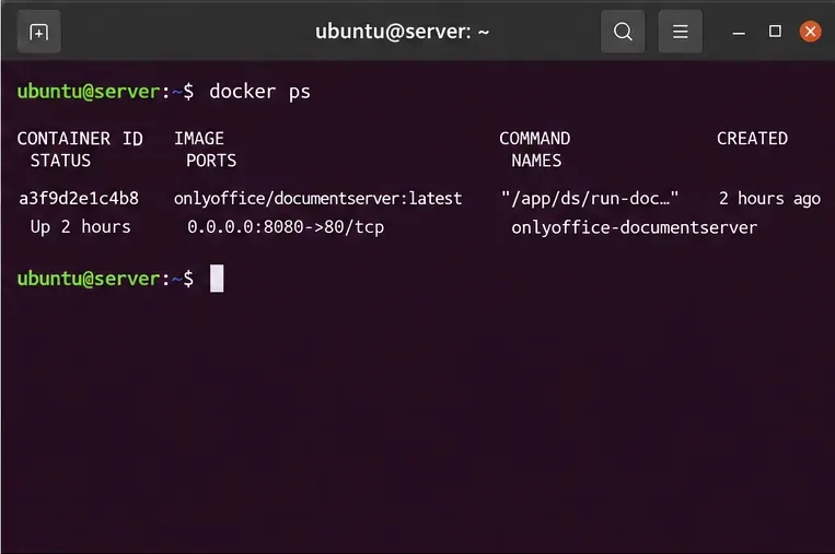 Ubuntu-Terminal mit dem Befehl „docker ps“ und einem laufenden ONLYOFFICE Document Server-Container.