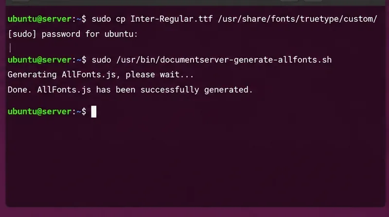 Linux-Terminal, das die in das Systemschriftartenverzeichnis kopierte Schriftart Inter und anschließend den Befehl ONLYOFFICE zur Schriftartenregeneration anzeigt.