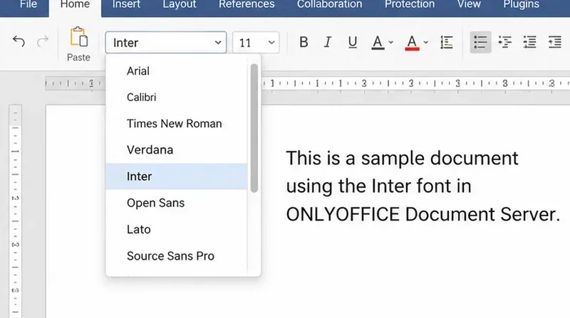 ONLYOFFICE-Editor mit der Schriftart „Inter“ im Dropdown-Menü und einem Beispielabsatz in dieser Schriftart.