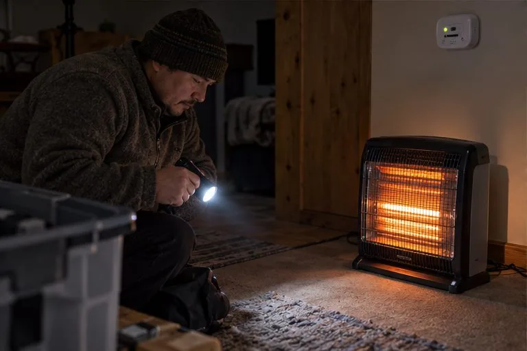 A resident uses a flashlight near a space heater with a clear area around it and a carbon monoxide alarm on the wall