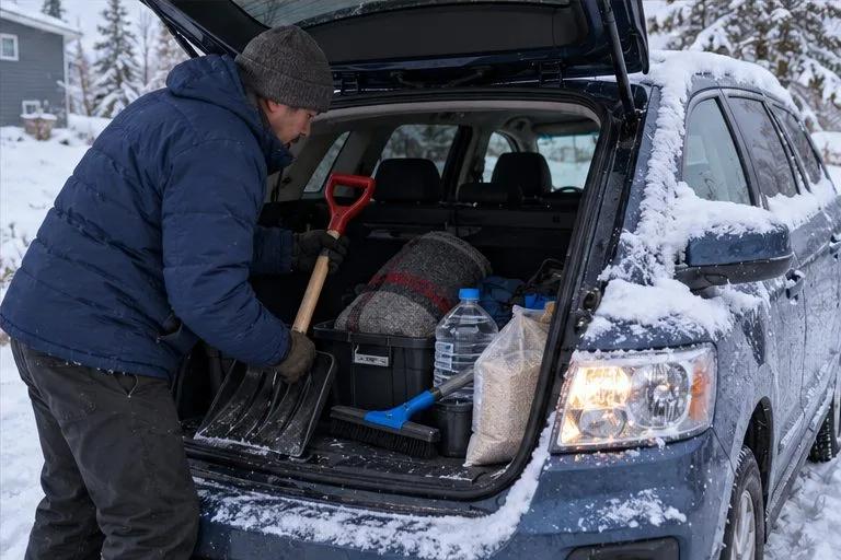 A driver loads a snow shovel, blanket, water, and brush into a vehicle parked on a snowy driveway