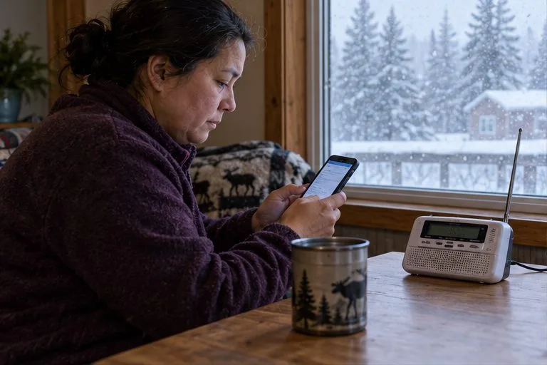 A resident checks a phone beside a battery-powered weather radio as snow falls outside