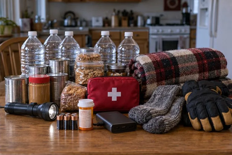 Bottled water, shelf-stable food, flashlight, batteries, first-aid supplies, warm clothes, and a power bank arranged on a table