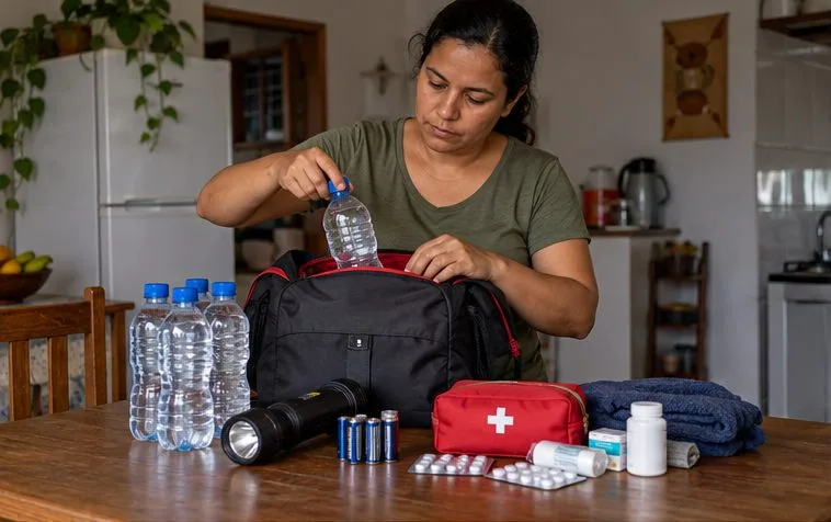 Moradora organiza água, lanterna, pilhas e itens de primeiros socorros em uma mochila dentro de casa.