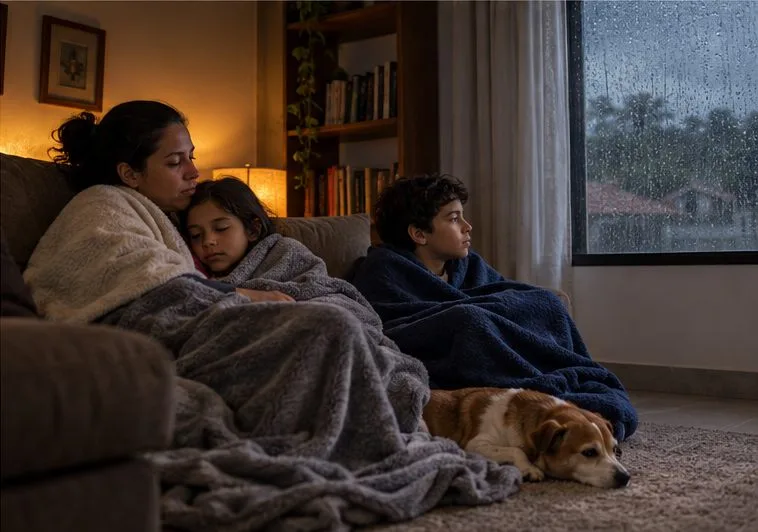 Família permanece em um cômodo interno, distante da janela, enquanto a chuva cai do lado de fora.