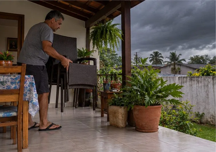 Morador leva cadeiras e vasos para dentro de uma varanda coberta antes da chegada da chuva.