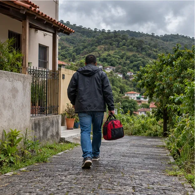 Pessoa caminha com uma bolsa por uma rua pavimentada perto de casas e de uma encosta verde sob céu nublado.