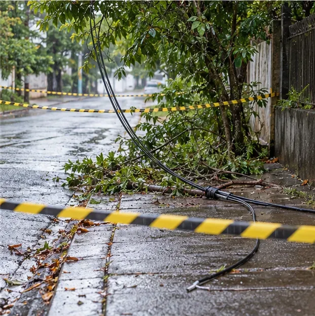 Cabo caído e galhos estão isolados por fita de segurança em uma calçada molhada, sem pessoas por perto.