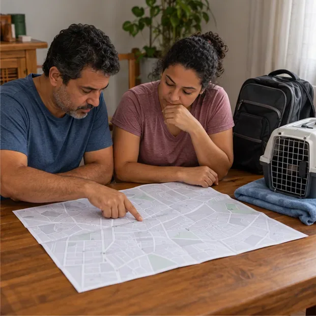 Duas pessoas apontam para um mapa de papel aberto sobre uma mesa; uma mochila e uma caixa de transporte para animal estão ao lado.
